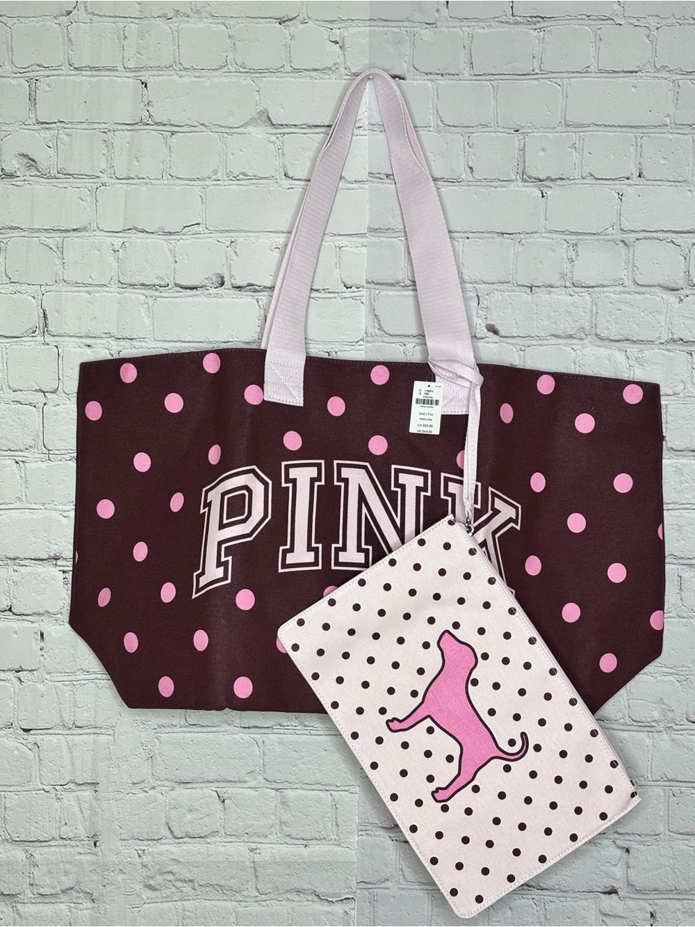 Victoria’s Secret Pink Polkadot Large Zipper Tote Bag and Pouch